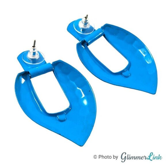 Vintage 80s Blue Hammered Enamel Door Knocker Pierced Earrings - Picture 6 of 7